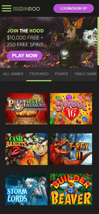 Robinroo Casino mobile home screen
