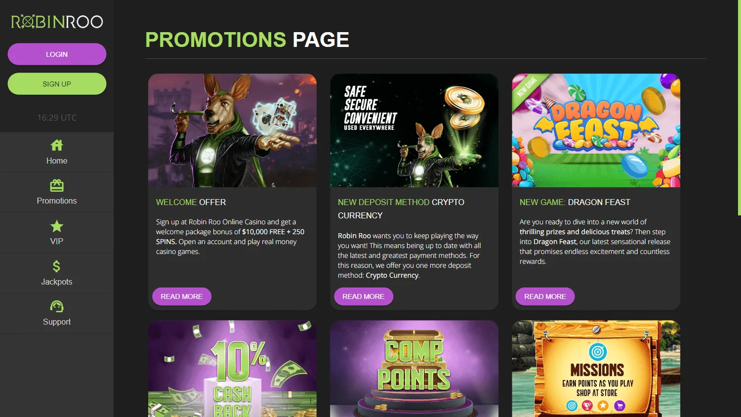 Robinroo Casino promotions on desktop