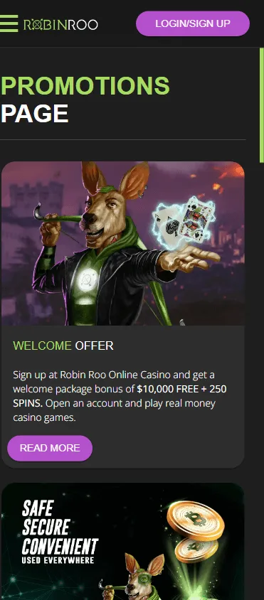 Robinroo Casino mobile promotions screen
